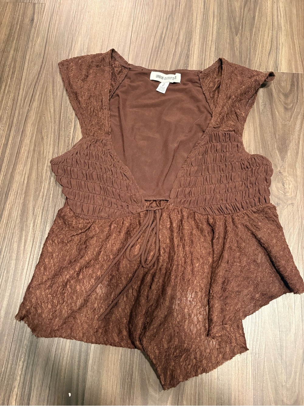 Urban Outfitters Brown Lace-Detail Smocked V-Neck Tunic